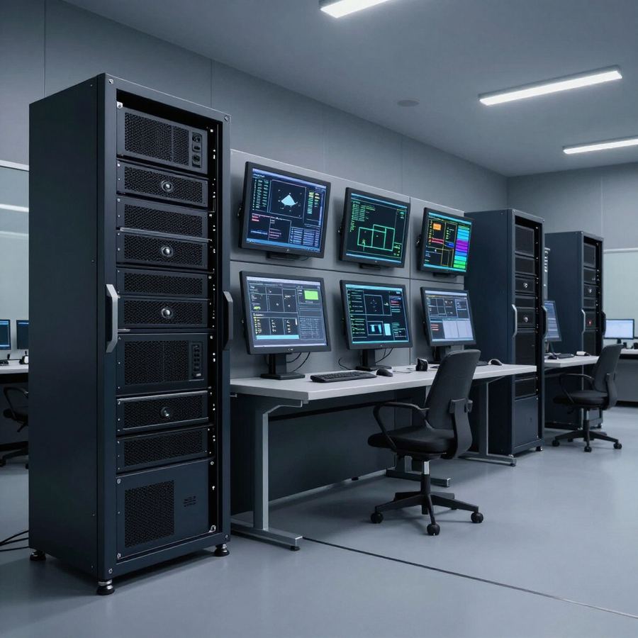 Network operations workstation with monitoring screens and equipment racks