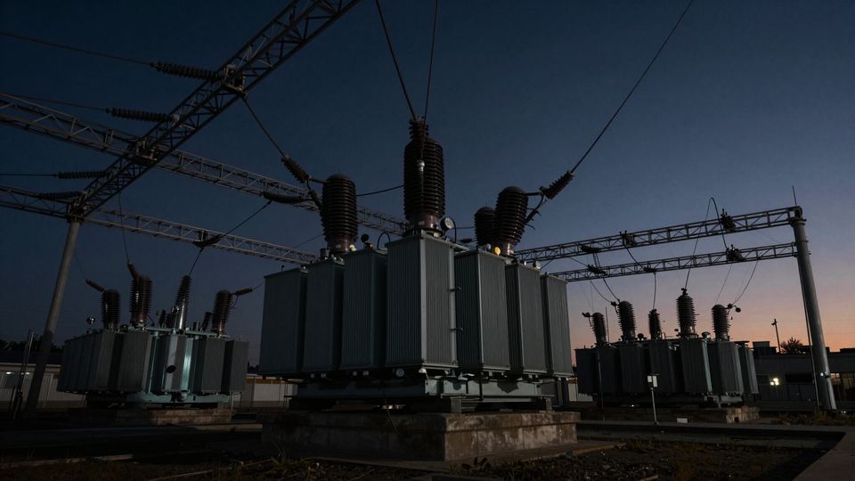 Electrical substation with transformers at dusk